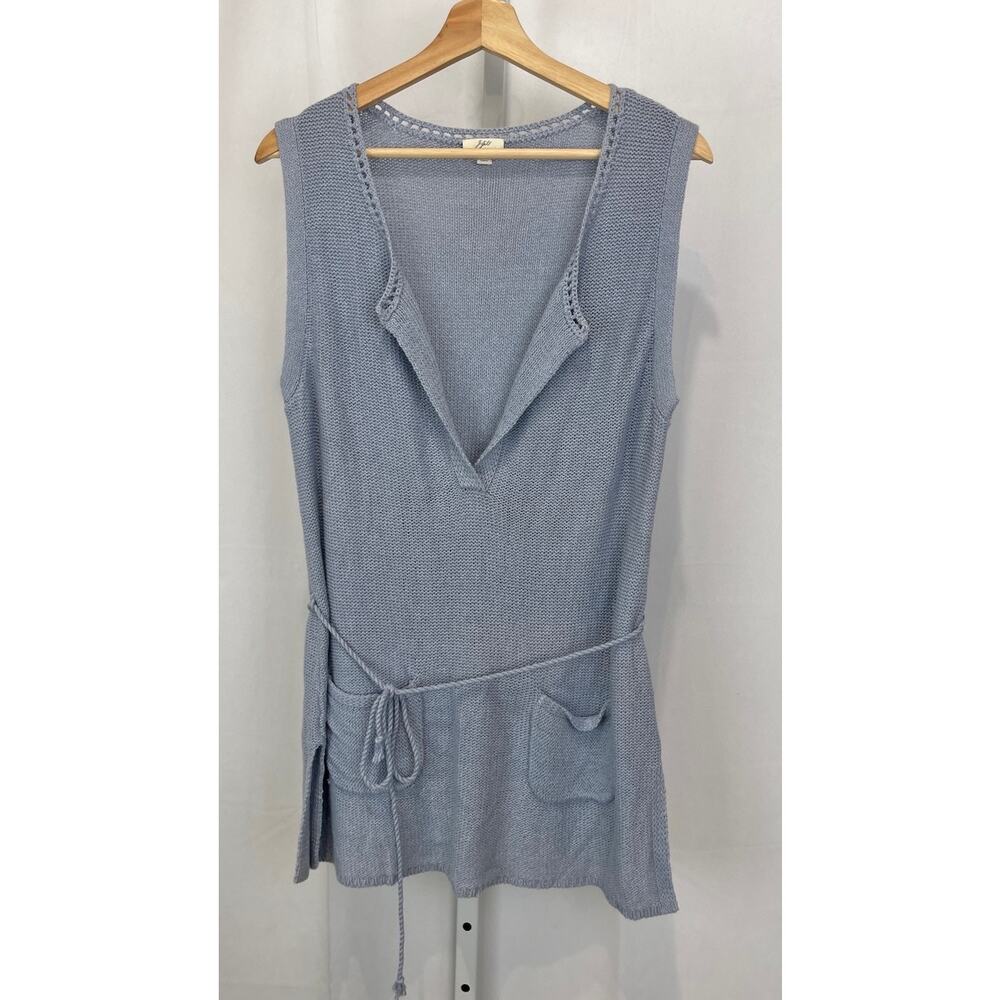 J. JILL Split V Neck Sleeveless Sweater Tie Belt Tunic Cotton Linen Blue Size M